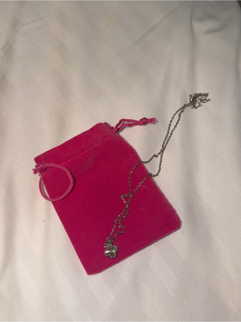 Van Cleef & Arpels Inspo Hot Pink Velvet Jewelry Pouch with Silver Necklace